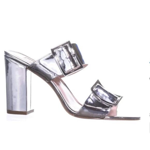 Silver Mirror Metallic Millie buckle wide strap block heel party mules 6.5 NIB - Picture 2 of 7